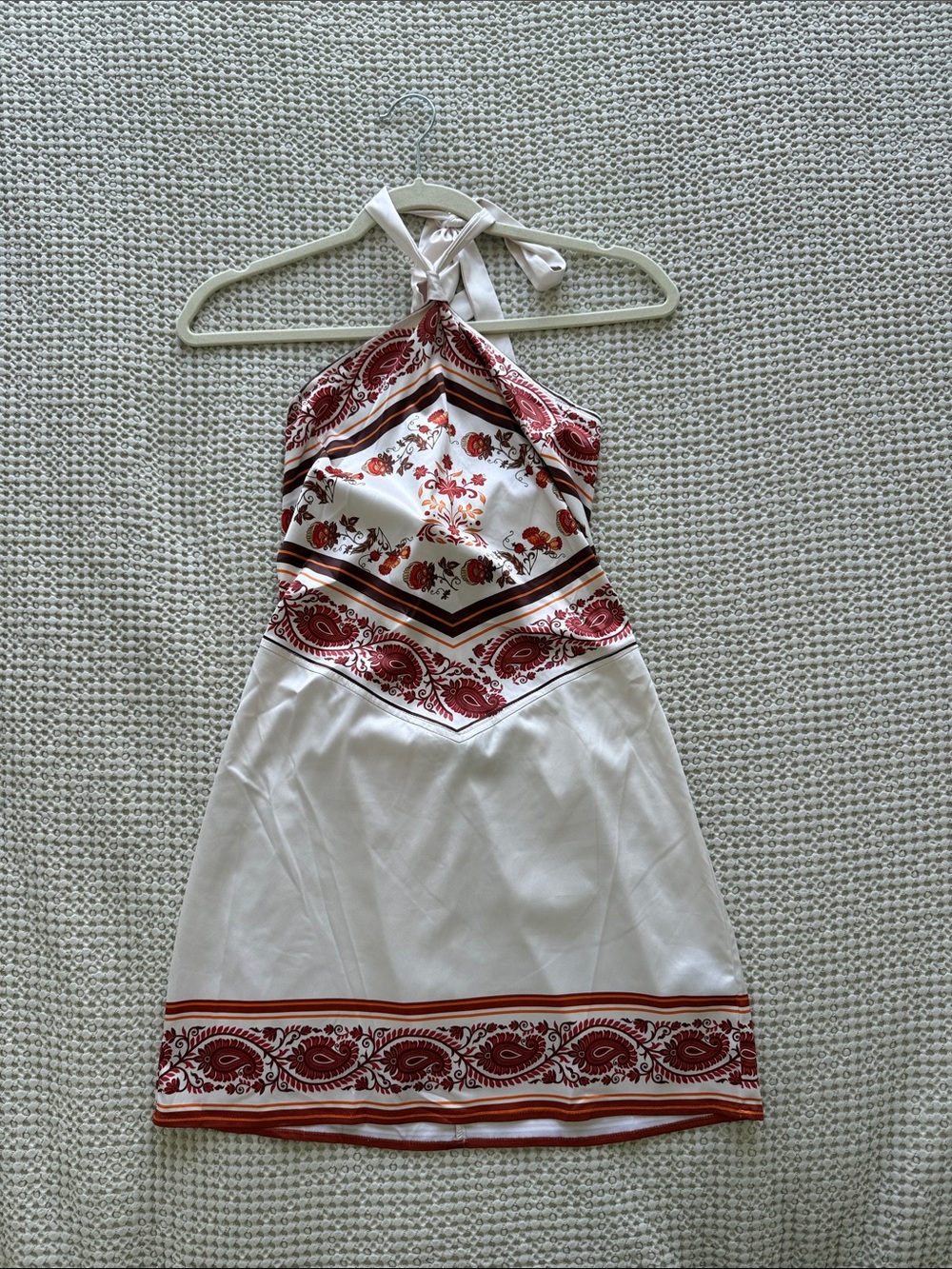 Fashion Nova White Halter Mini Dress with Red Paisley Print